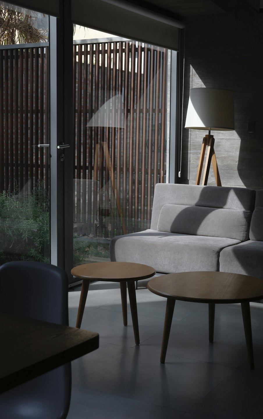 Salon minimaliste avec un canapé gris et des tables en bois.